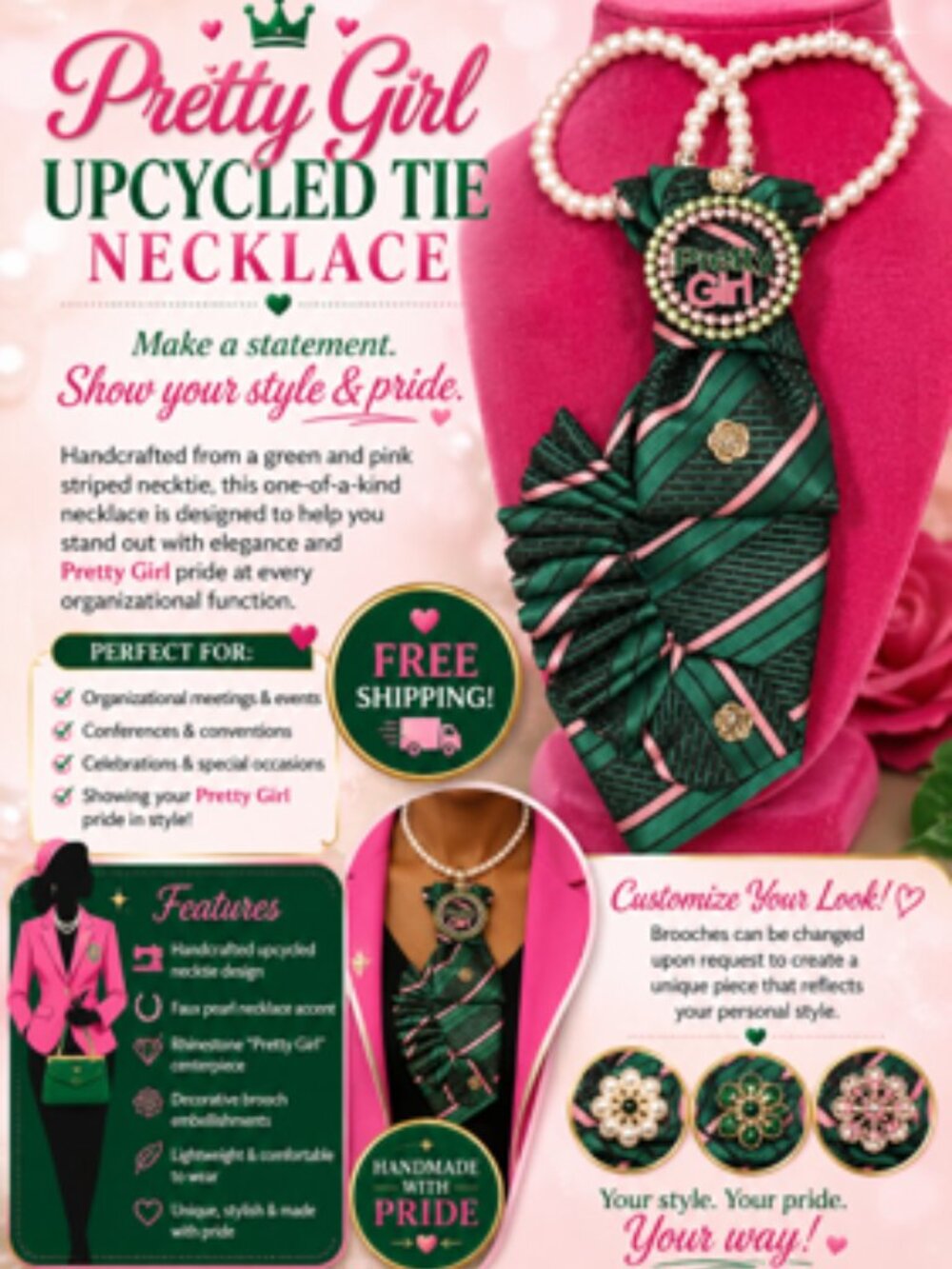 💗💚 Pretty Girl Upcycled Tie Necklace – Free Shipping! 💚💗